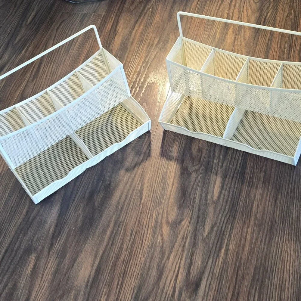 Set of Two Cream-Colored Metal Mesh Hanging or Freestanding Organization Baskets